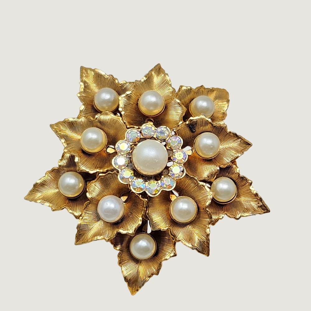 Vintage Starburst Brooch AB Rhinestone Layered Floral Pin Wedding Formal